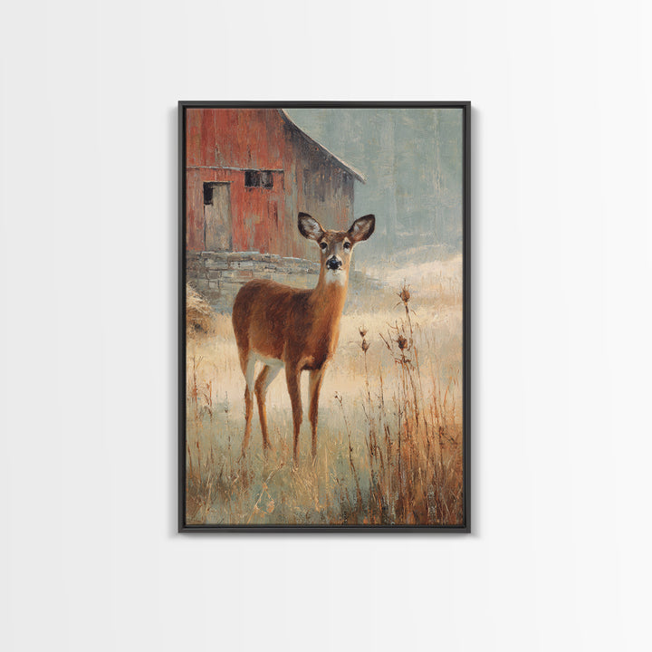 Deer Crossing a Misty Morning Field Framed Canvas Print, Country Art, Wall Decor, Farmhouse Decor, Fine Art, Country, COU-2x3-19
