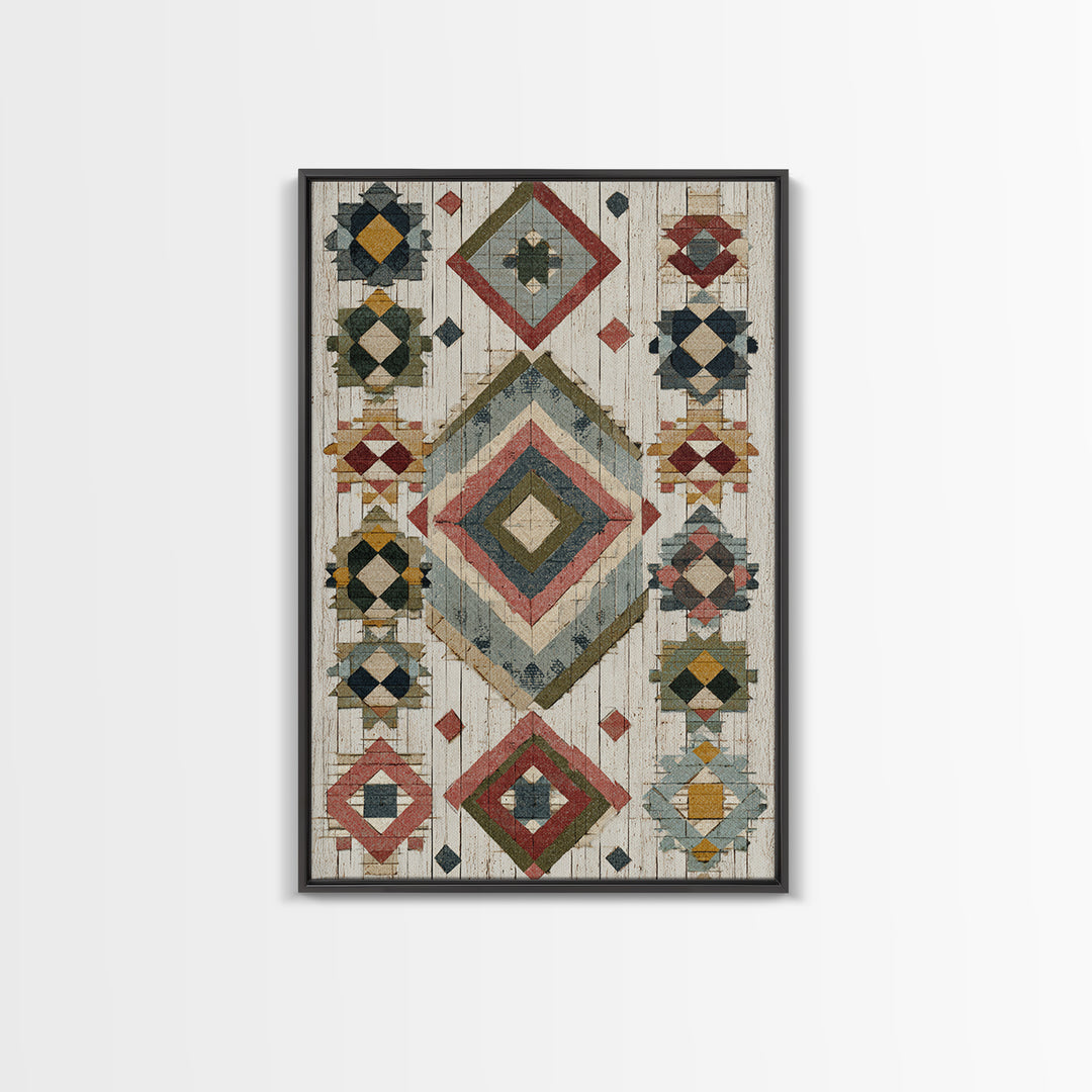 Quilt Geometric Folk Pattern Framed Canvas Print, Country Art, Farmhouse Decor, Abstract Art, Country, Watercolor Painting, COU-2x3-20