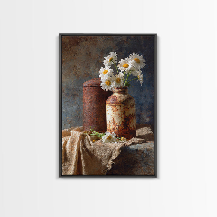 Milk Can and Daisies Rustic Still Life Framed Canvas Print, Country Art, Farmhouse Decor, Oil Painting, Country, COU-2x3-21