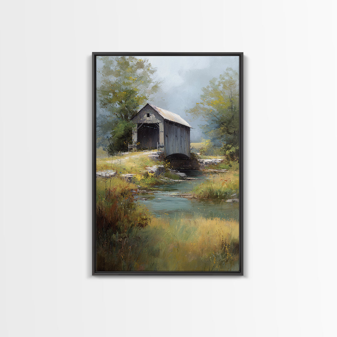 Covered Bridge over a Quiet Creek Canvas Print, Country Art, Luxury Decor, Farmhouse Decor, Fine Art, Country, COU-2x3-23