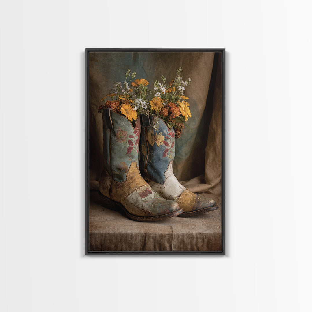 Weathered Boots with Wildflowers Tucked Inside Canvas Print, Country Art, Eclectic Wall Art, Farmhouse Decor, Country, COU-2x3-24