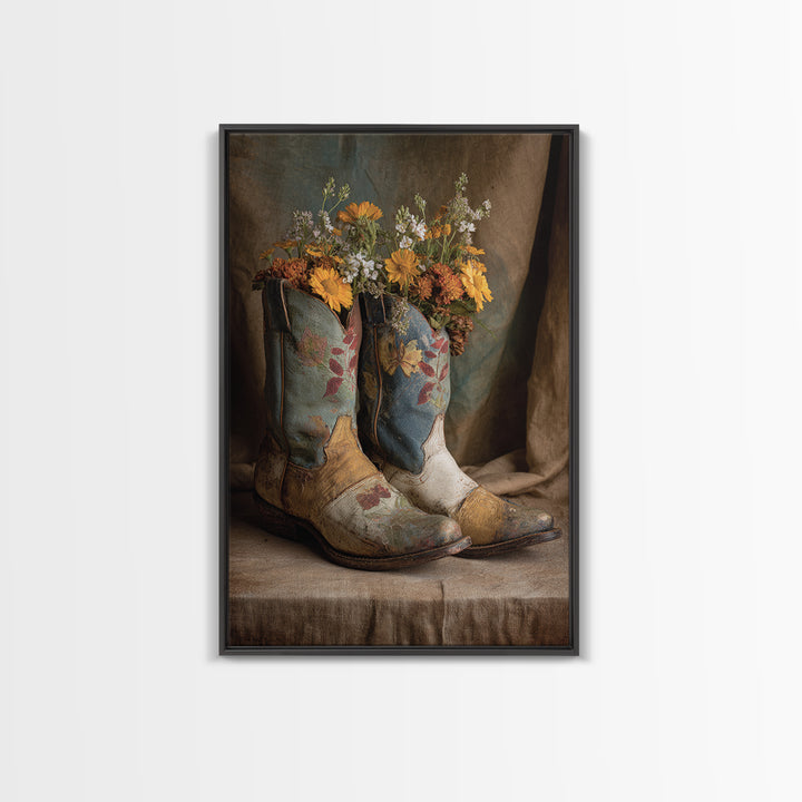 Weathered Boots with Wildflowers Tucked Inside Canvas Print, Country Art, Eclectic Wall Art, Farmhouse Decor, Country, COU-2x3-24