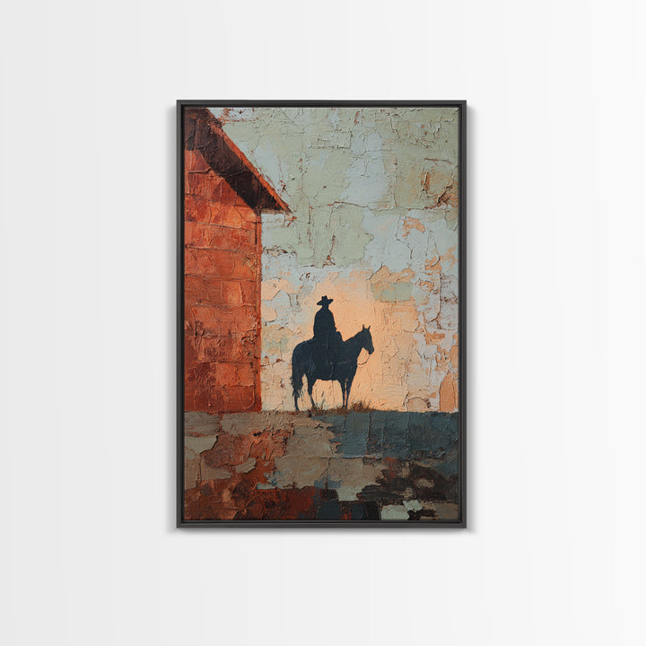 Horse and Rider Silhouette at Dusk Framed Canvas Print, Country Art, Wall Art, Farmhouse Decor, Fine Art, Country, COU-2x3-25