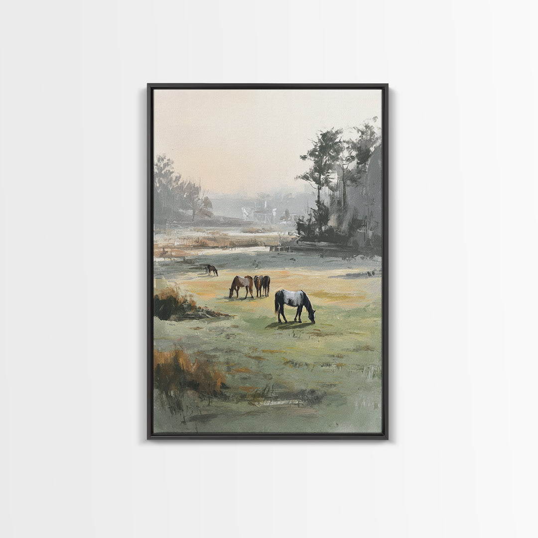 Rolling Pasture with Grazing Horses at Sunrise Canvas Print, Country Art, Original Painting, Farmhouse Decor, Country, COU-2x3-33