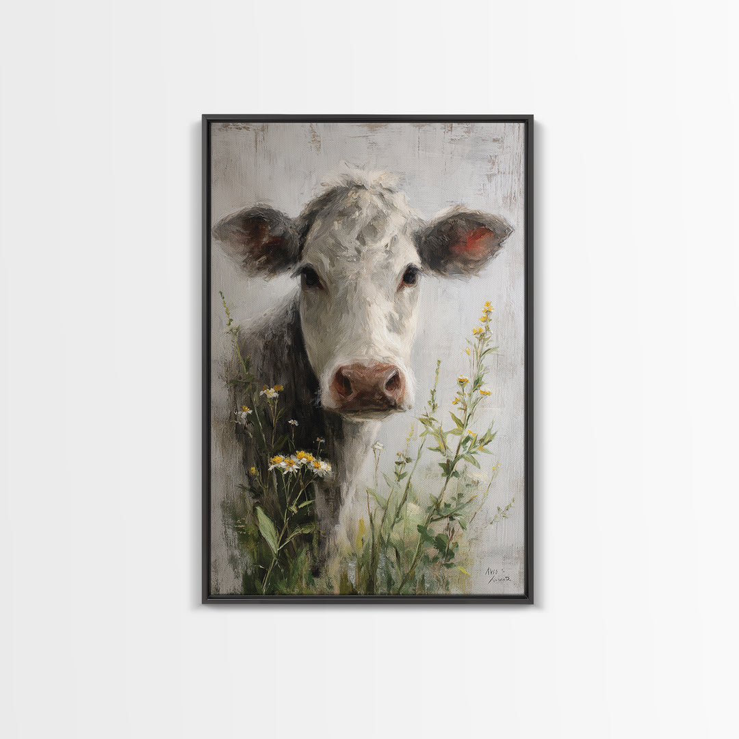 Cow Portrait with Gentle Farmhouse Personality Framed Canvas Print, Country Art, Digital Art Prints, Farmhouse Decor, Country, COU-2x3-36