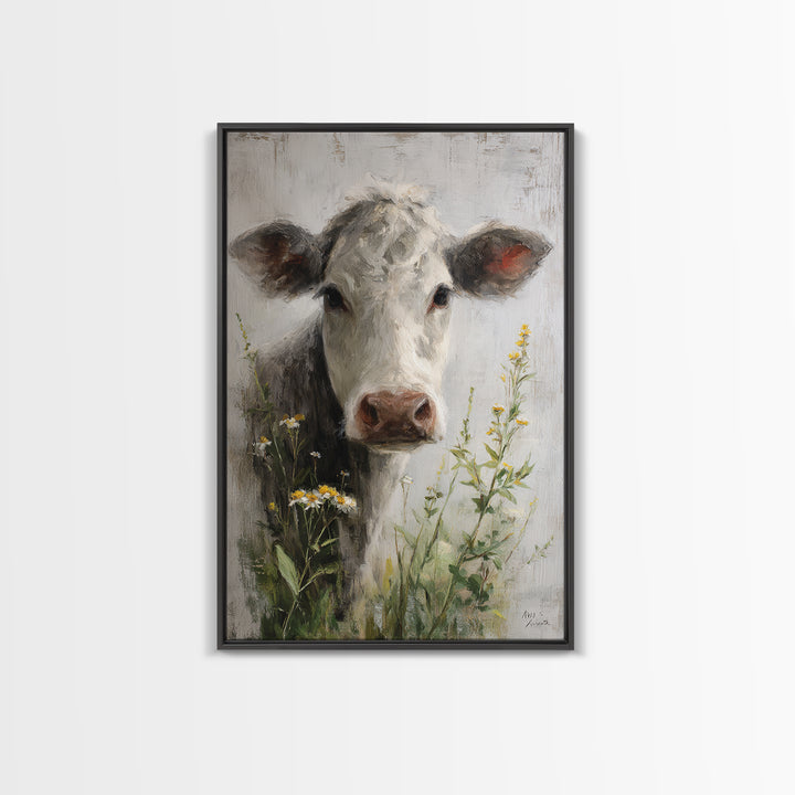 Cow Portrait with Gentle Farmhouse Personality Framed Canvas Print, Country Art, Digital Art Prints, Farmhouse Decor, Country, COU-2x3-36