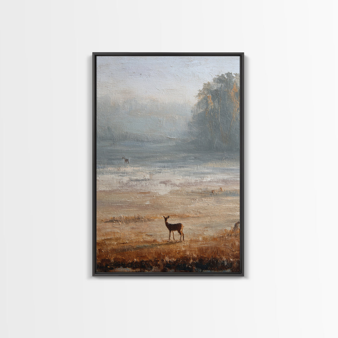 Deer Crossing a Misty Morning Field Framed Canvas Print, Country Art, Contemporary Art, Farmhouse Decor, Fine Art, Country, COU-2x3-43