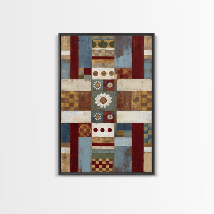 Quilt Geometric Folk Pattern Framed Canvas Print, Country Art, Landscape Wall Art, Farmhouse Decor, Abstract Art, Country, COU-2x3-44