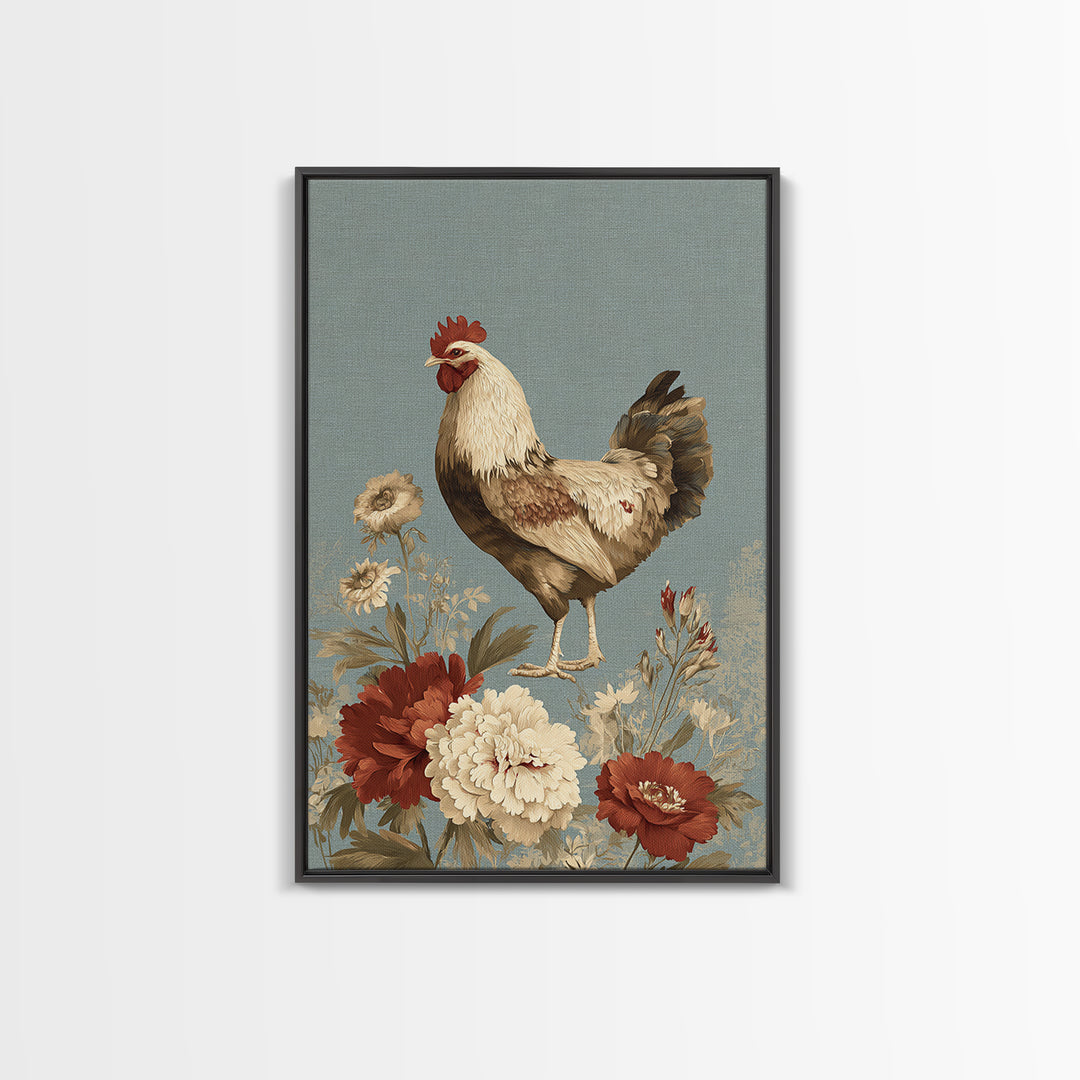 Chickens Pecking Near Garden Flowers Framed Canvas Print, Country Art, Textured Painting, Farmhouse Decor, Fine Art, Country, COU-2x3-46