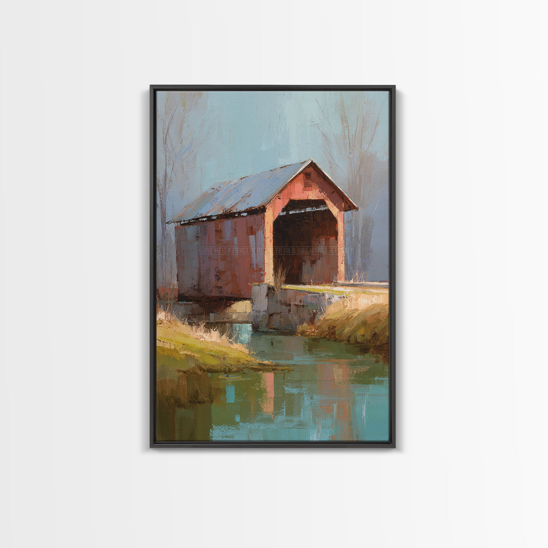 Covered Bridge over a Quiet Creek Framed Canvas Print, Country Art, Wall Art, Farmhouse Decor, Abstract Art, Country, COU-2x3-47