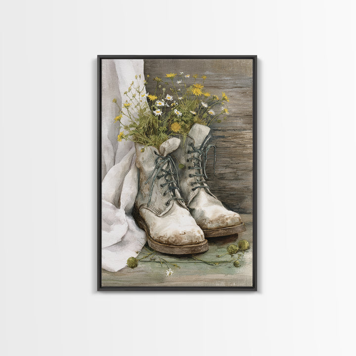 Weathered Boots with Wildflowers Tucked Inside Framed Canvas Print, Country Art, Statement Artwork, Farmhouse Decor, Country, COU-2x3-48