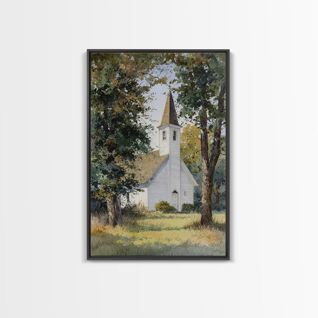 Country Church Steeple Beyond Trees Framed Canvas Print, Country Art, Room Decor, Farmhouse Decor, Oil Painting, Country, COU-2x3-51