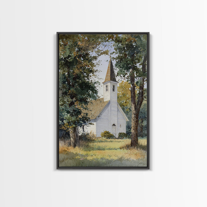 Country Church Steeple Beyond Trees Framed Canvas Print, Country Art, Room Decor, Farmhouse Decor, Oil Painting, Country, COU-2x3-51