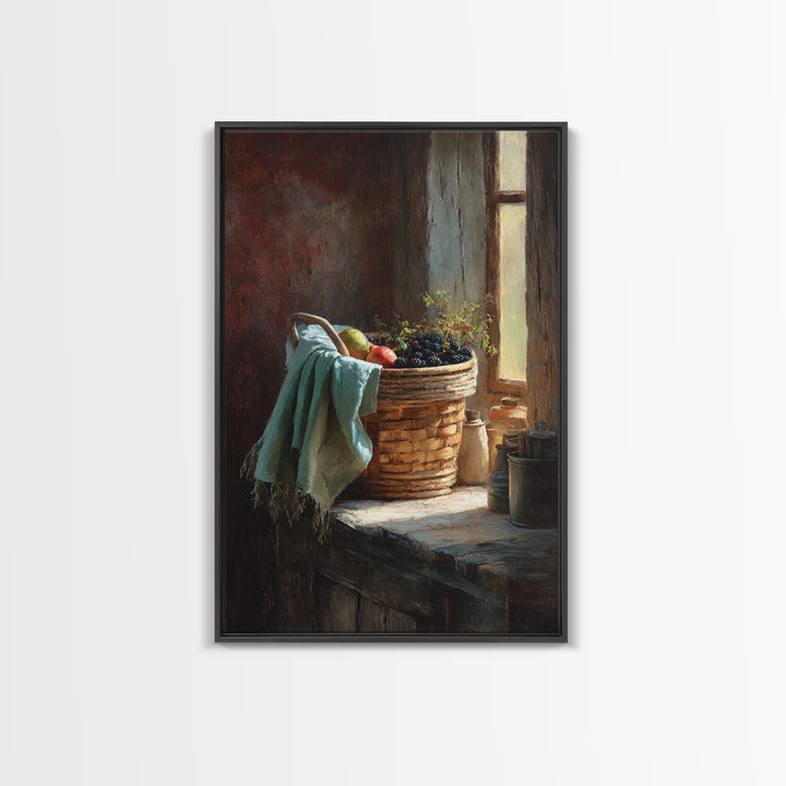 Blackberry Basket with Linen Cloth Framed Canvas Print, Country Art, Printable Wall Art, Farmhouse Decor, Abstract Art, Country, COU-2x3-53