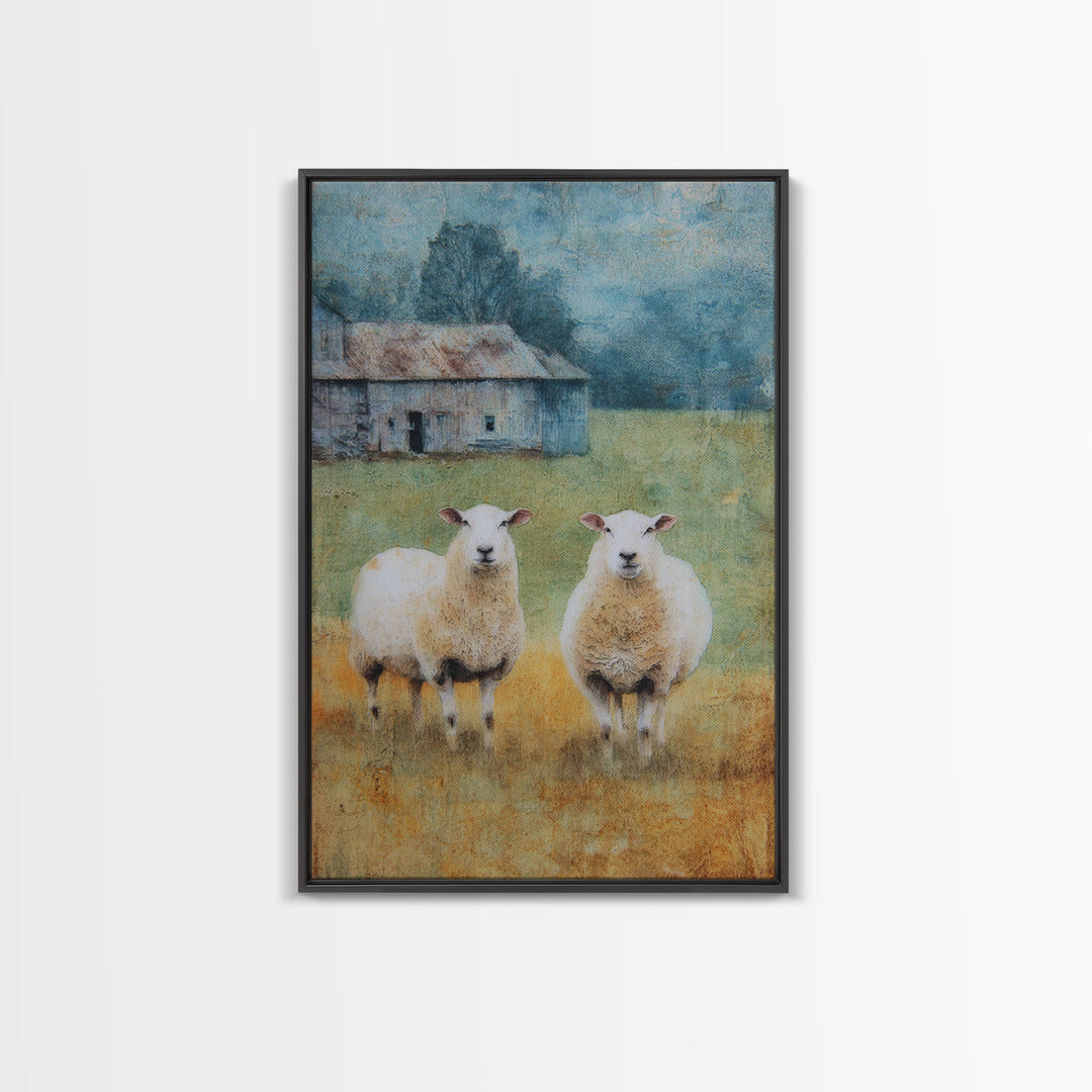 Watercolor Sheep in a Green Pasture Framed Canvas Print, Country Art, Textured Painting, Farmhouse Decor, Fine Art, Country, COU-2x3-55