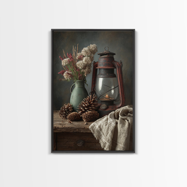 Old Lantern and Pinecones Still Life Framed Canvas Print, Country Art, Wall Decor, Farmhouse Decor, Abstract Art, Country, COU-2x3-56