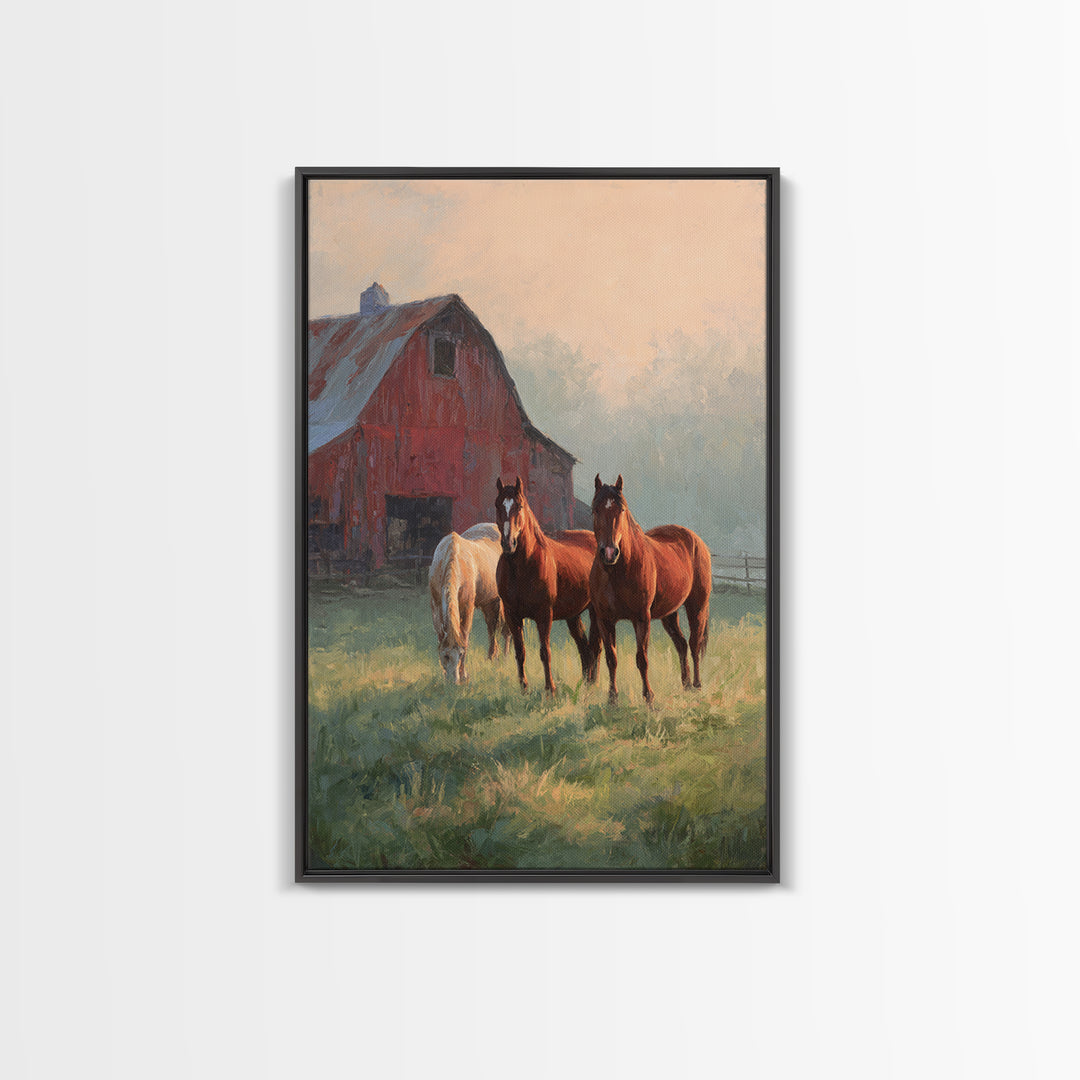 Rolling Pasture with Grazing Horses at Sunrise Canvas Print, Country Art, Printable Art, Farmhouse Decor, Oil Painting, Country, COU-2x3-57