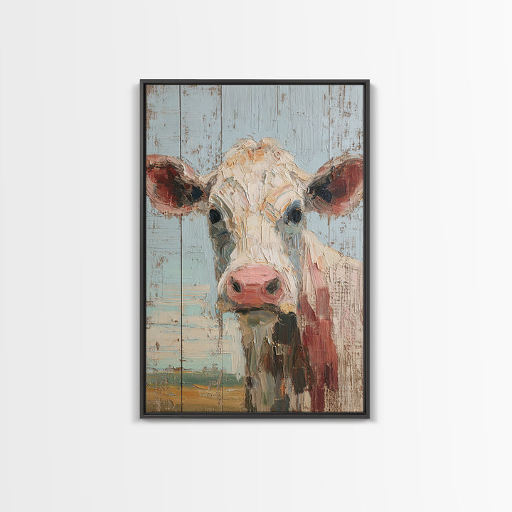 Cow Portrait with Gentle Farmhouse Personality Framed Canvas Print, Country Art, Wall Art, Farmhouse Decor, Oil Painting, COU-2x3-60