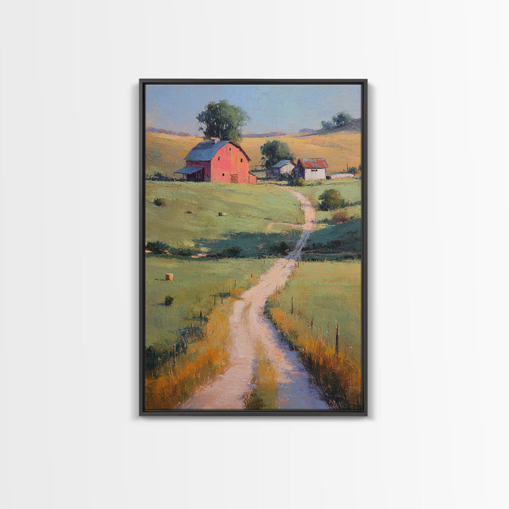 Country Road Disappearing into Green Hills Framed Canvas Print, Country Art, Digital Prints, Farmhouse Decor, Watercolor Art, COU-2x3-63
