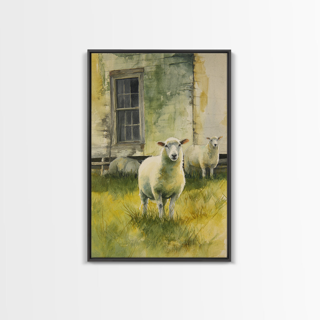 Watercolor Sheep in a Green Pasture Canvas Print, Country Art, Landscape Painting, Farmhouse Decor, Fine Art, Country, COU-2x3-7