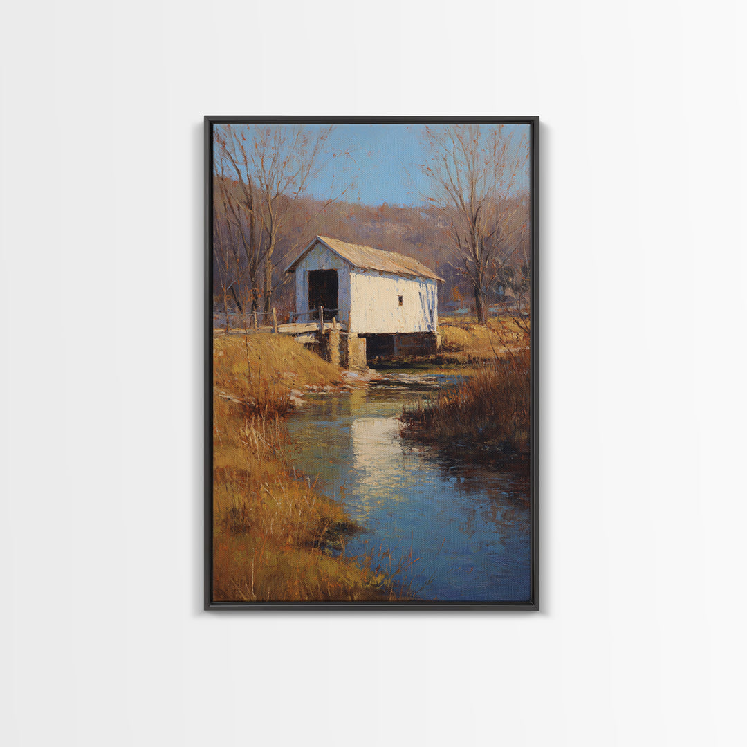 Covered Bridge over a Quiet Creek Canvas Print, Country Art, Art Print, Farmhouse Decor, Fine Art, Country, Watercolor Painting, COU-2x3-71