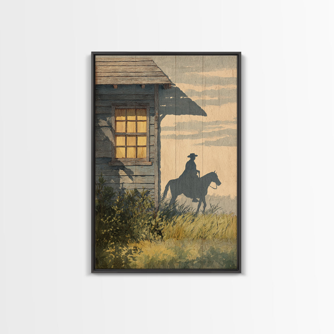 Horse and Rider Silhouette at Dusk Framed Canvas Print, Country Art, Large Wall Art, Farmhouse Decor, Fine Art, Country, COU-2x3-73