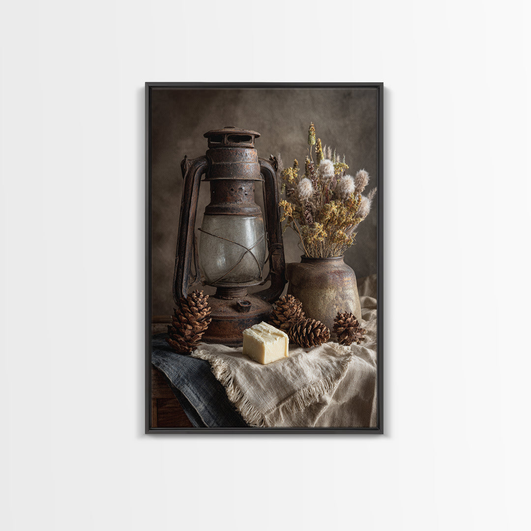 Old Lantern and Pinecones Still Life Framed Canvas Print, Country Art, Farmhouse Wall Decor, Farmhouse Decor, Oil Painting, COU-2x3-8