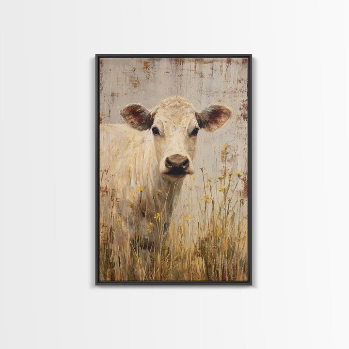 Cow Portrait with Gentle Farmhouse Personality Framed Canvas Print, Country Art, Landscape Painting, Farmhouse Decor, Country, COU-2x3-84