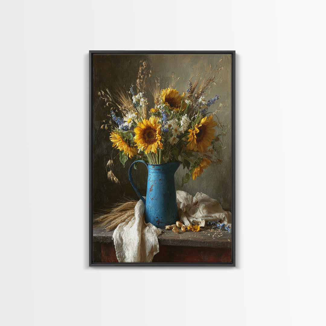 Sunflowers in a Blue Enamel Pitcher Framed Canvas Print, Country Art, Printable Wall Art, Farmhouse Decor, Fine Art, Country, COU-2x3-88