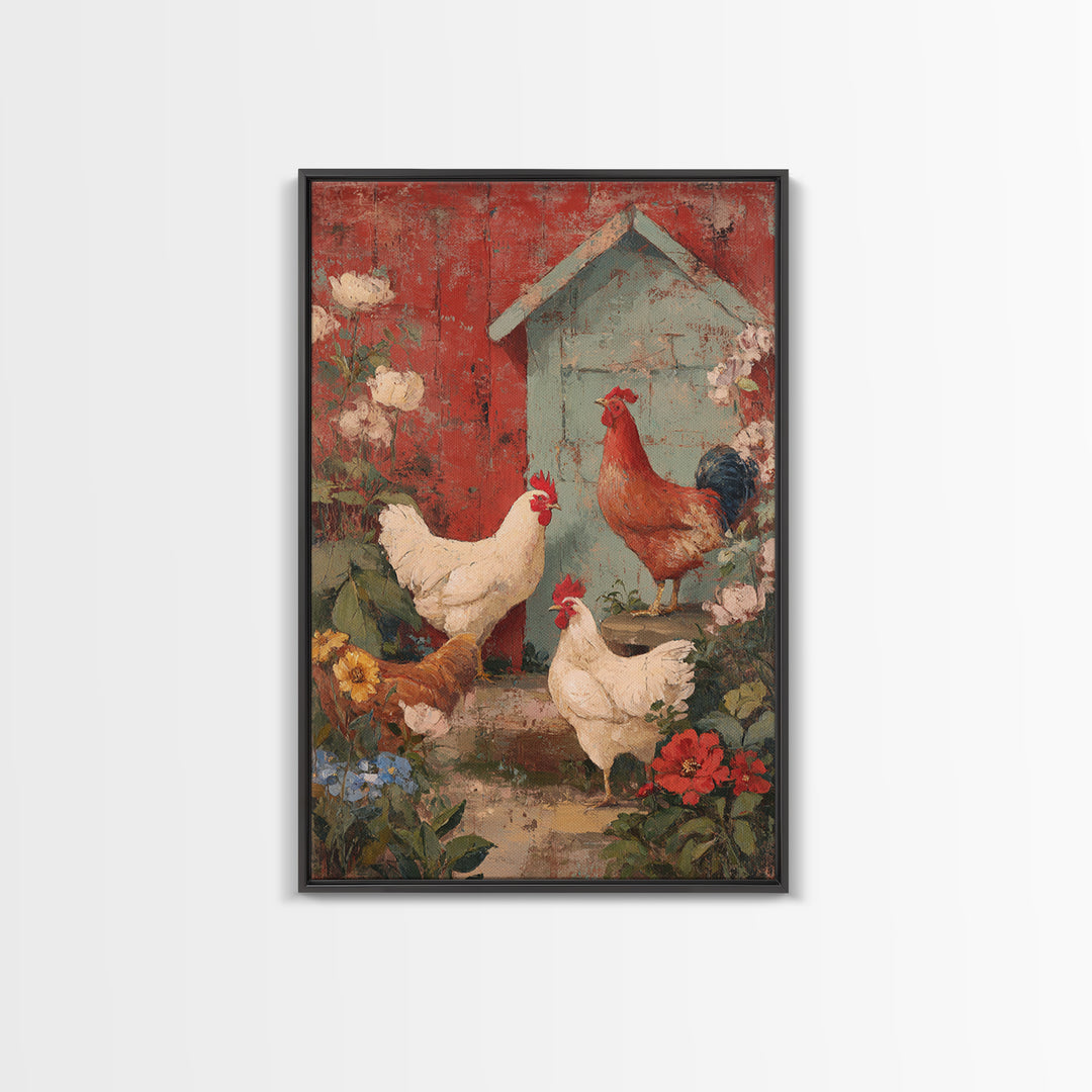Chickens Pecking Near Garden Flowers Framed Canvas Print, Country Art, Farmhouse Decor, Watercolor Art, Country, COU-2x3-94