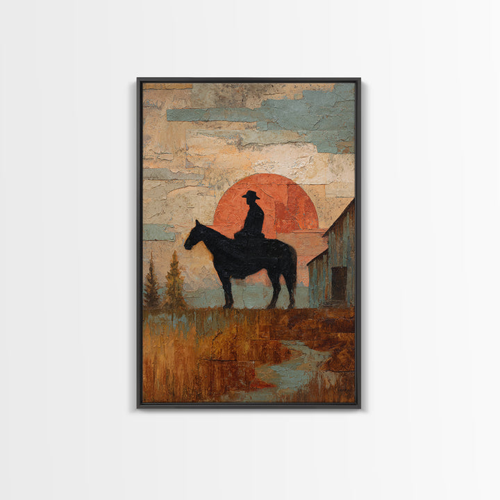 Horse and Rider Silhouette at Dusk Framed Canvas Print, Country Art, Large Wall Art, Farmhouse Decor, Fine Art, Country, COU-2x3-97