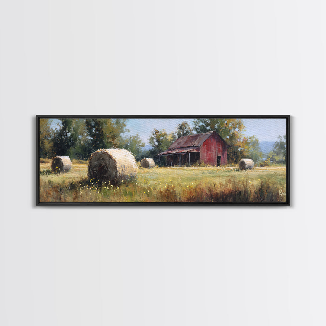 Hay Bales in Late Afternoon Sun Framed Canvas Print, Country Art, Eclectic Wall Art, Farmhouse Decor, Fine Art, Country, COU-3x1-12