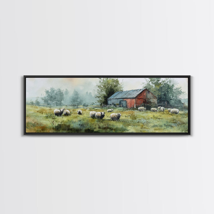 Watercolor Sheep in a Green Pasture Framed Canvas Print, Country Art, Gallery Wall Art, Farmhouse Decor, Fine Art, Country, COU-3x1-15