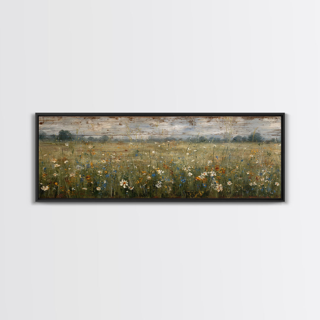 Wildflower Meadow Beside an Old Fence Framed Canvas Print, Country Art, Oil Painting, Farmhouse Decor, Watercolor Art, Country, COU-3x1-18