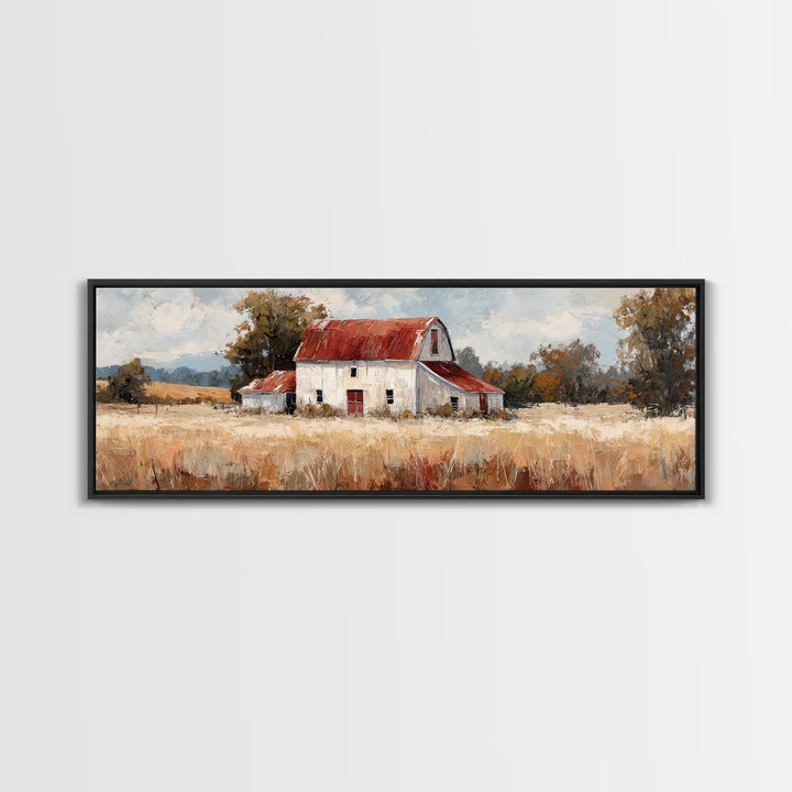 White Farmhouse Surrounded by Tall Grass Framed Canvas Print, Country Art, Art Prints, Farmhouse Decor, Fine Art, Country, COU-3x1-2