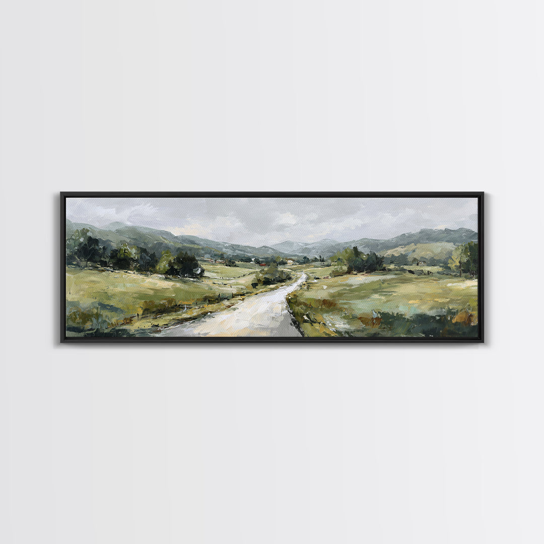Country Road Disappearing into Green Hills Framed Canvas Print, Country Art, Statement Artwork, Farmhouse Decor, Country, COU-3x1-23