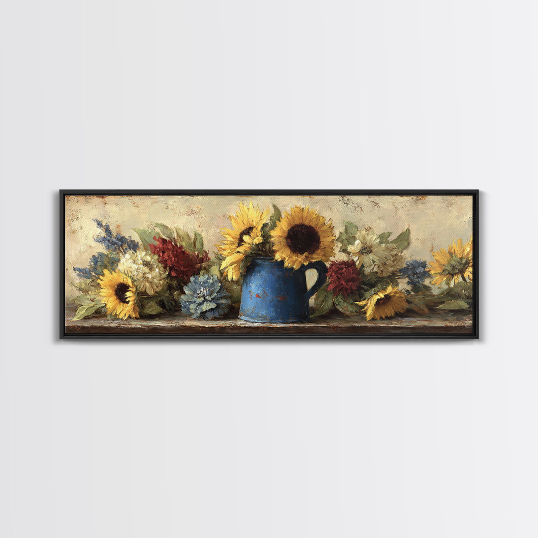 Sunflowers in a Blue Enamel Pitcher Canvas Print, Country Art, Farmhouse Wall Art, Farmhouse Decor, Watercolor Art, Country, COU-3x1-24