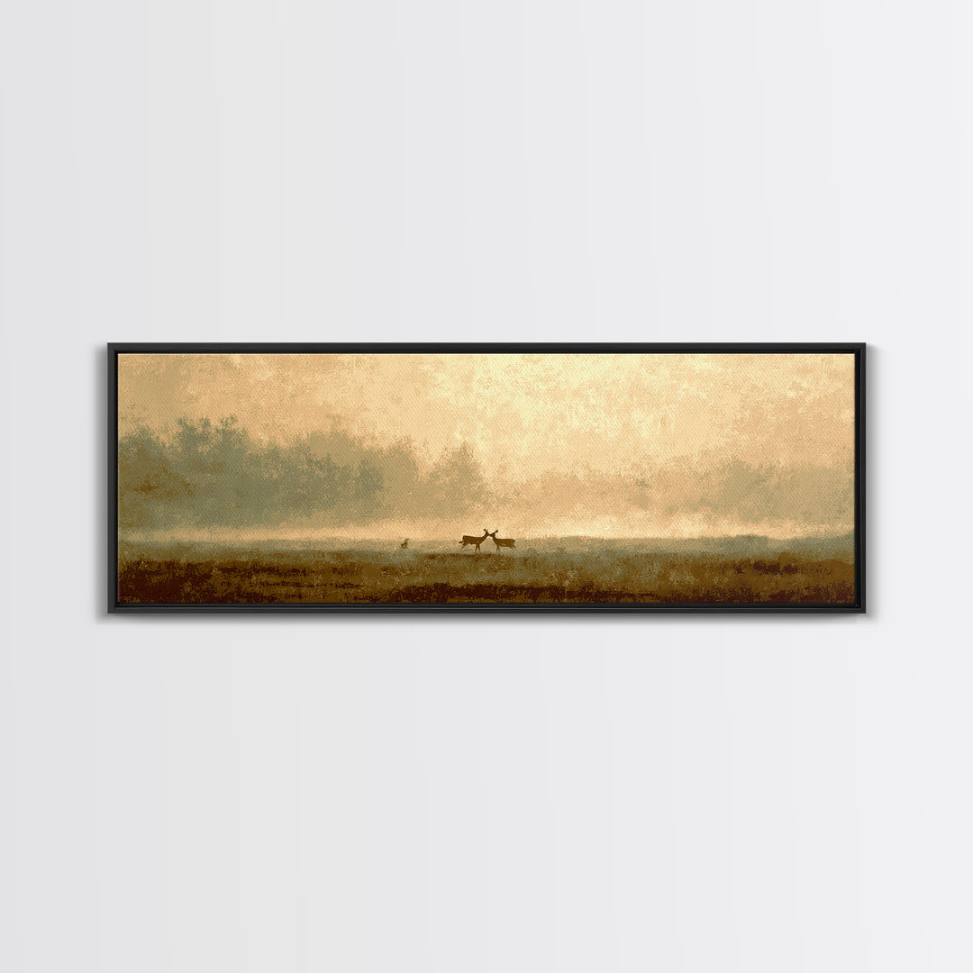 Deer Crossing a Misty Morning Field Framed Canvas Print, Country Art, Boho Decor, Farmhouse Decor, Fine Art, Country, COU-3x1-27