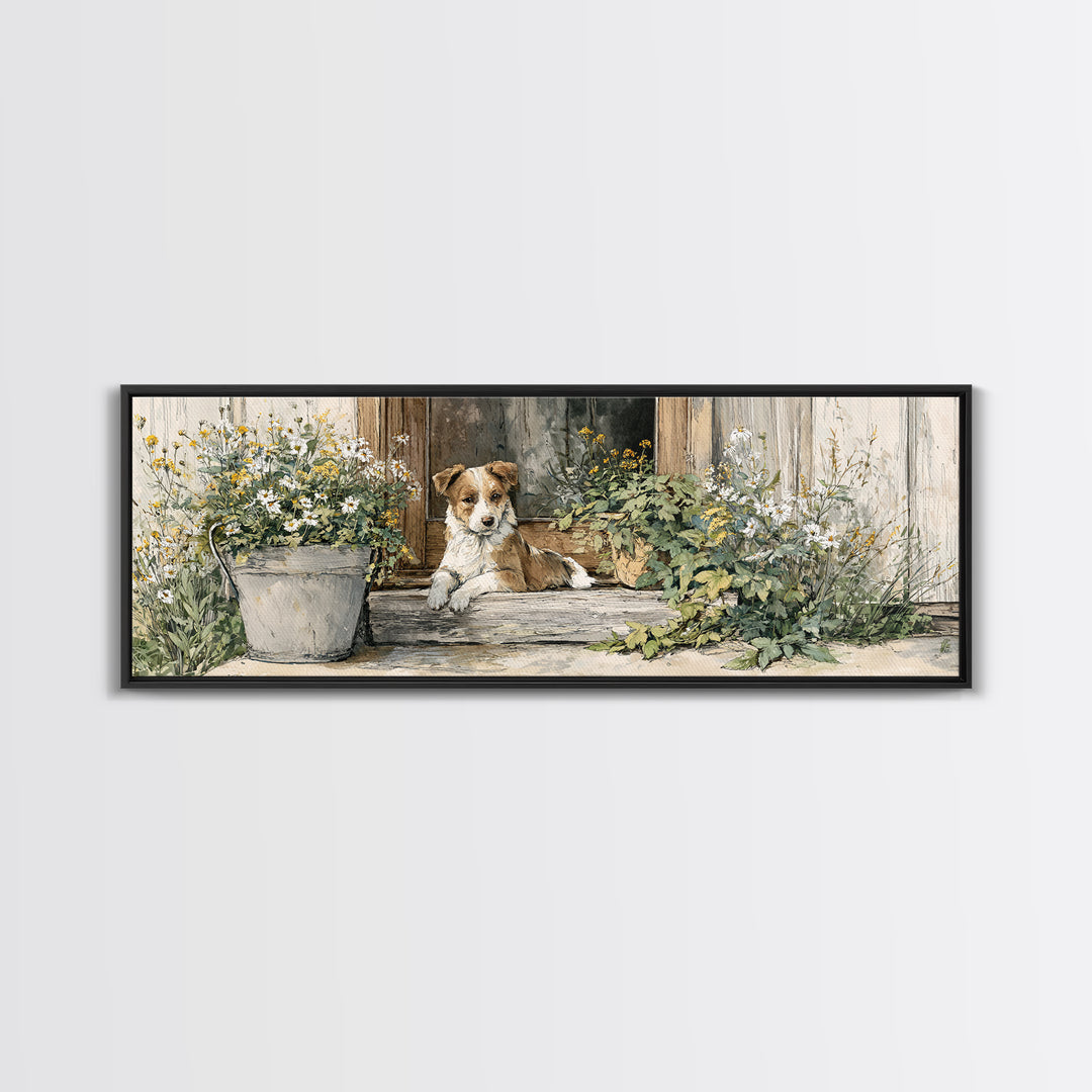 Dog Resting Beside a Porch Flower Pot Canvas Print, Country Art, Original Painting, Farmhouse Decor, Oil Painting, Country, COU-3x1-38