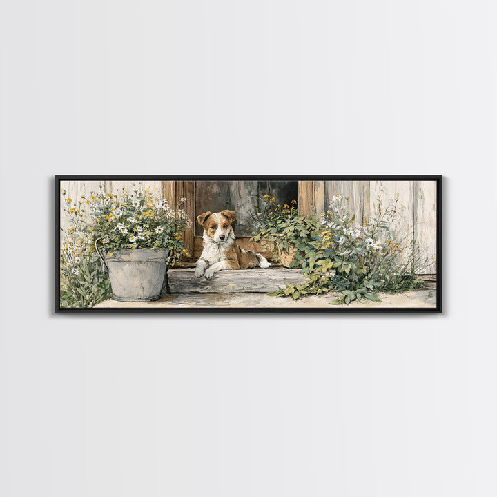 Dog Resting Beside a Porch Flower Pot Canvas Print, Country Art, Original Painting, Farmhouse Decor, Oil Painting, Country, COU-3x1-38