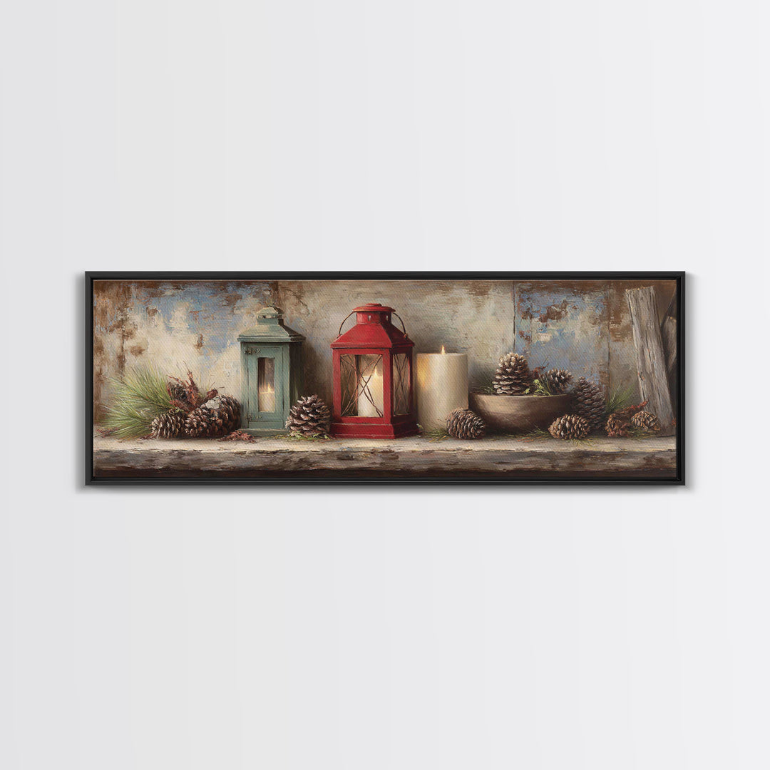 Old Lantern and Pinecones Still Life Canvas Print, Country Art, Gallery Decor, Farmhouse Decor, Fine Art, Country, COU-3x1-40