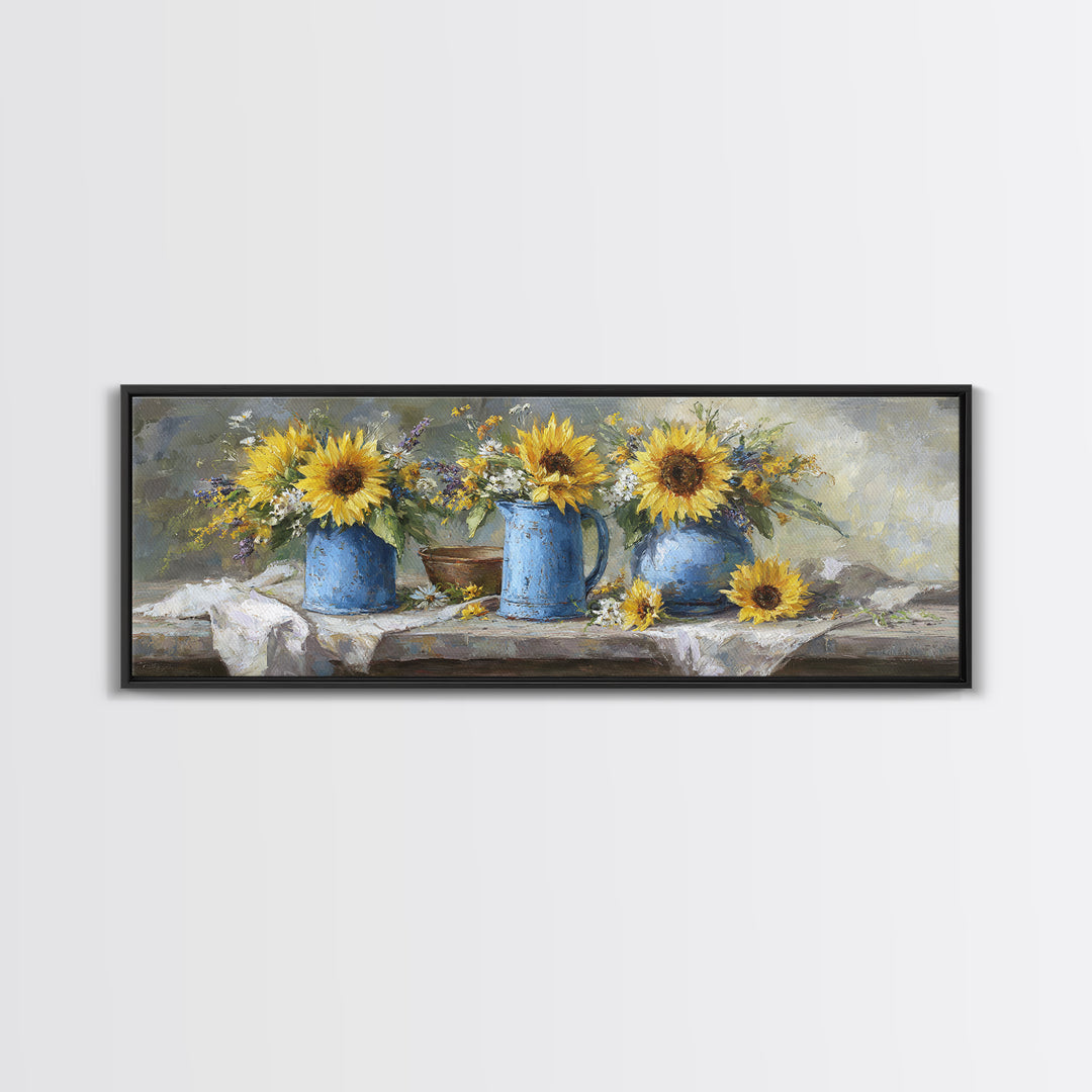Sunflowers in a Blue Enamel Pitcher Canvas Print, Country Art, Luxury Decor, Farmhouse Decor, Fine Art, Country, COU-3x1-48