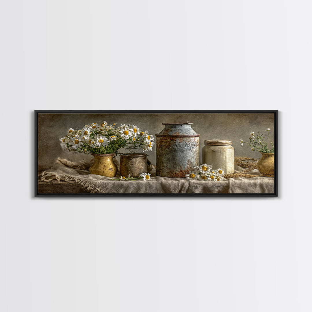 Milk Can and Daisies Rustic Still Life Framed Canvas Print, Country Art, Oil Painting, Farmhouse Decor, Watercolor Art, Country, COU-3x1-5
