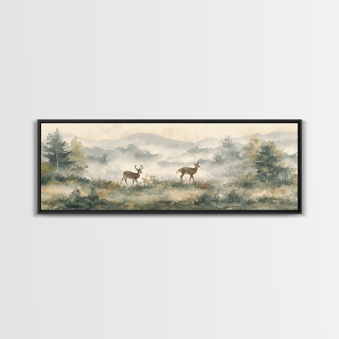 Deer Crossing a Misty Morning Field Framed Canvas Print, Country Art, Digital Prints, Farmhouse Decor, Fine Art, Country, COU-3x1-51