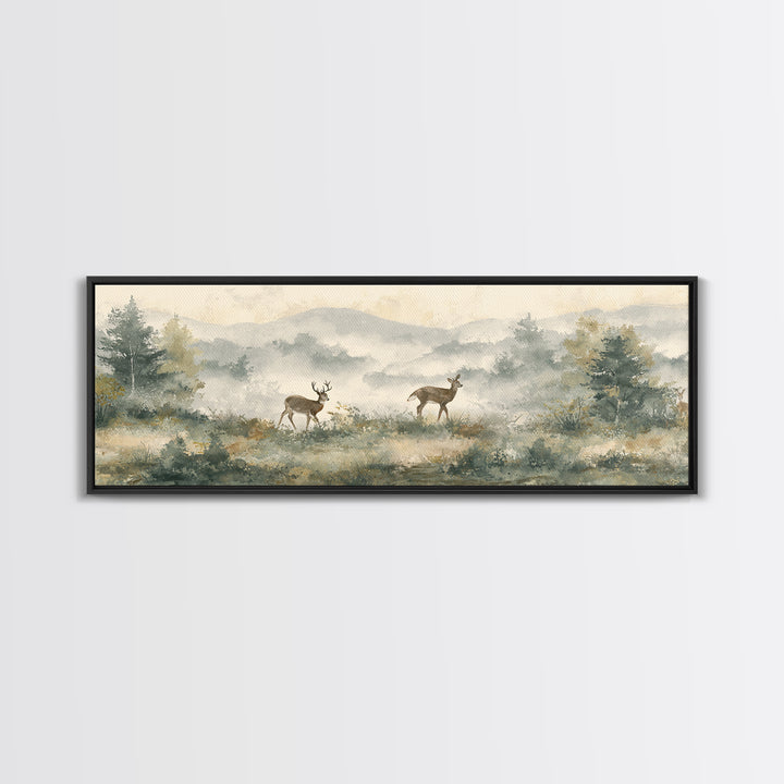 Deer Crossing a Misty Morning Field Framed Canvas Print, Country Art, Digital Prints, Farmhouse Decor, Fine Art, Country, COU-3x1-51