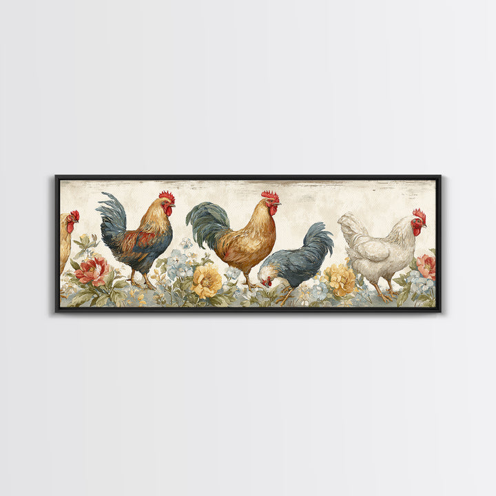 Chickens Pecking Near Garden Flowers Canvas Print, Country Art, Landscape Painting, Farmhouse Decor, Watercolor Art, Country, COU-3x1-54
