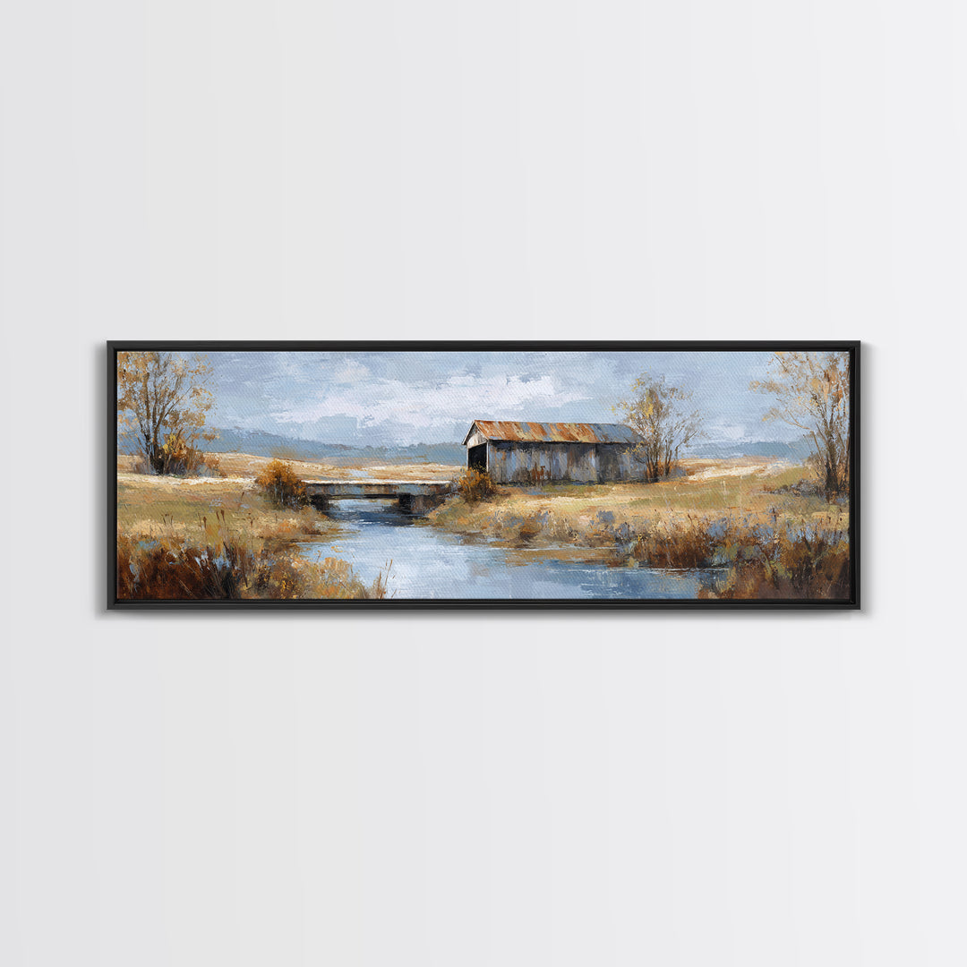 Covered Bridge over a Quiet Creek Framed Canvas Print, Country Art, Contemporary Art, Farmhouse Decor, Fine Art, Country, COU-3x1-55