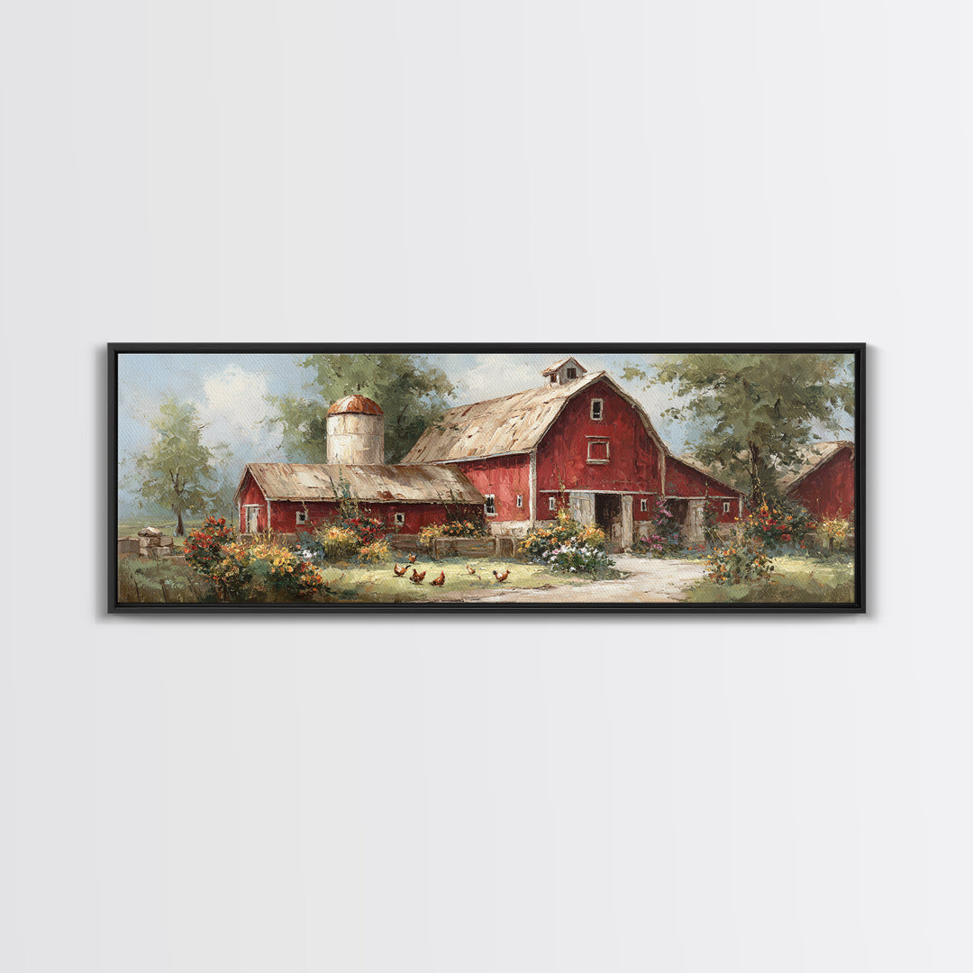 Chickens Pecking Near Garden Flowers Canvas Print, Country Art, Digital Art Prints, Farmhouse Decor, Fine Art, Country, COU-3x1-6