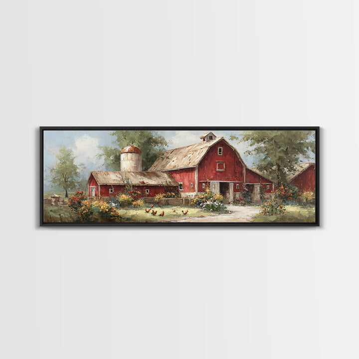 Chickens Pecking Near Garden Flowers Canvas Print, Country Art, Digital Art Prints, Farmhouse Decor, Fine Art, Country, COU-3x1-6