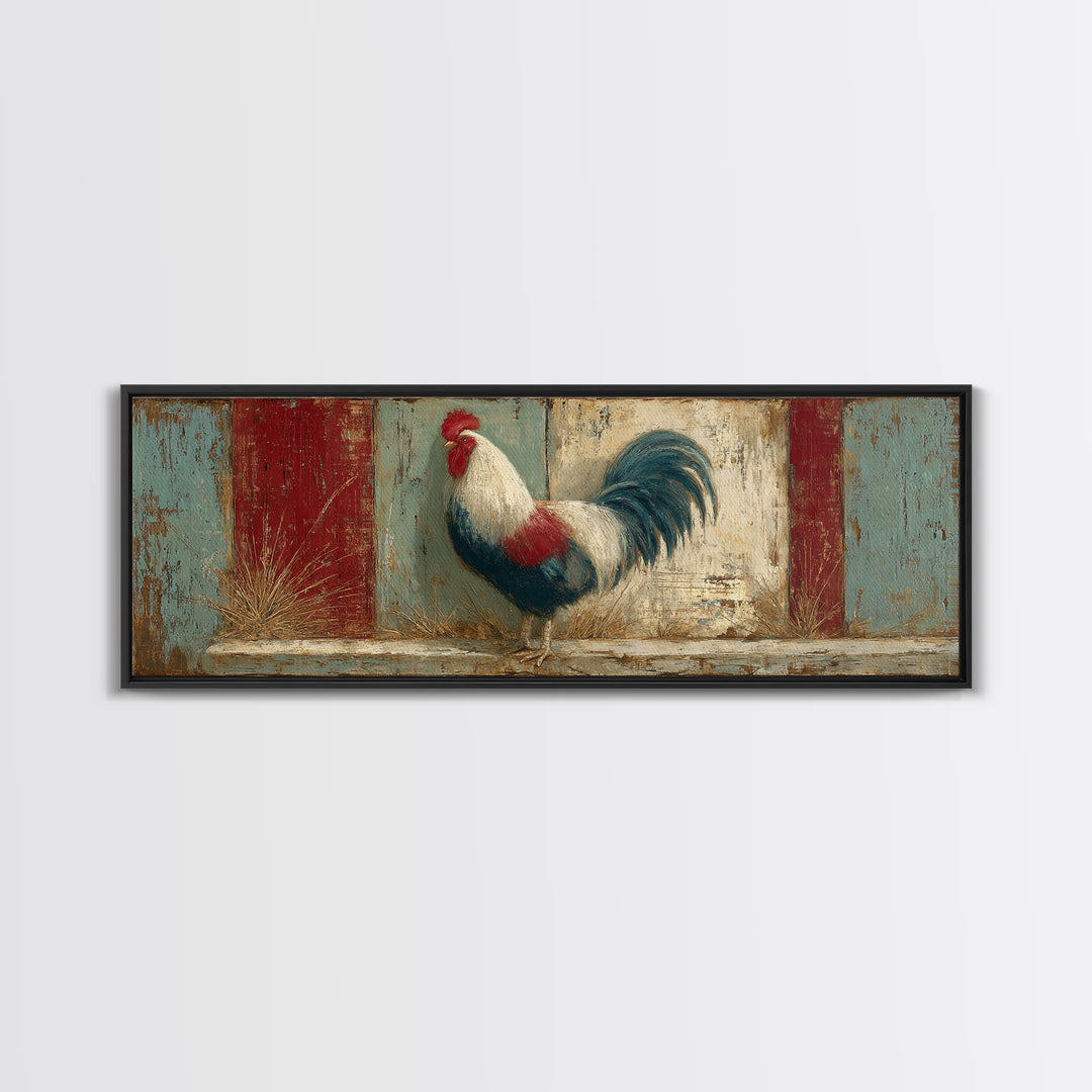 Rooster in Bold Folk Art Color Framed Canvas Print, Country Art, Eclectic Wall Art, Farmhouse Decor, Fine Art, Country, COU-3x1-69
